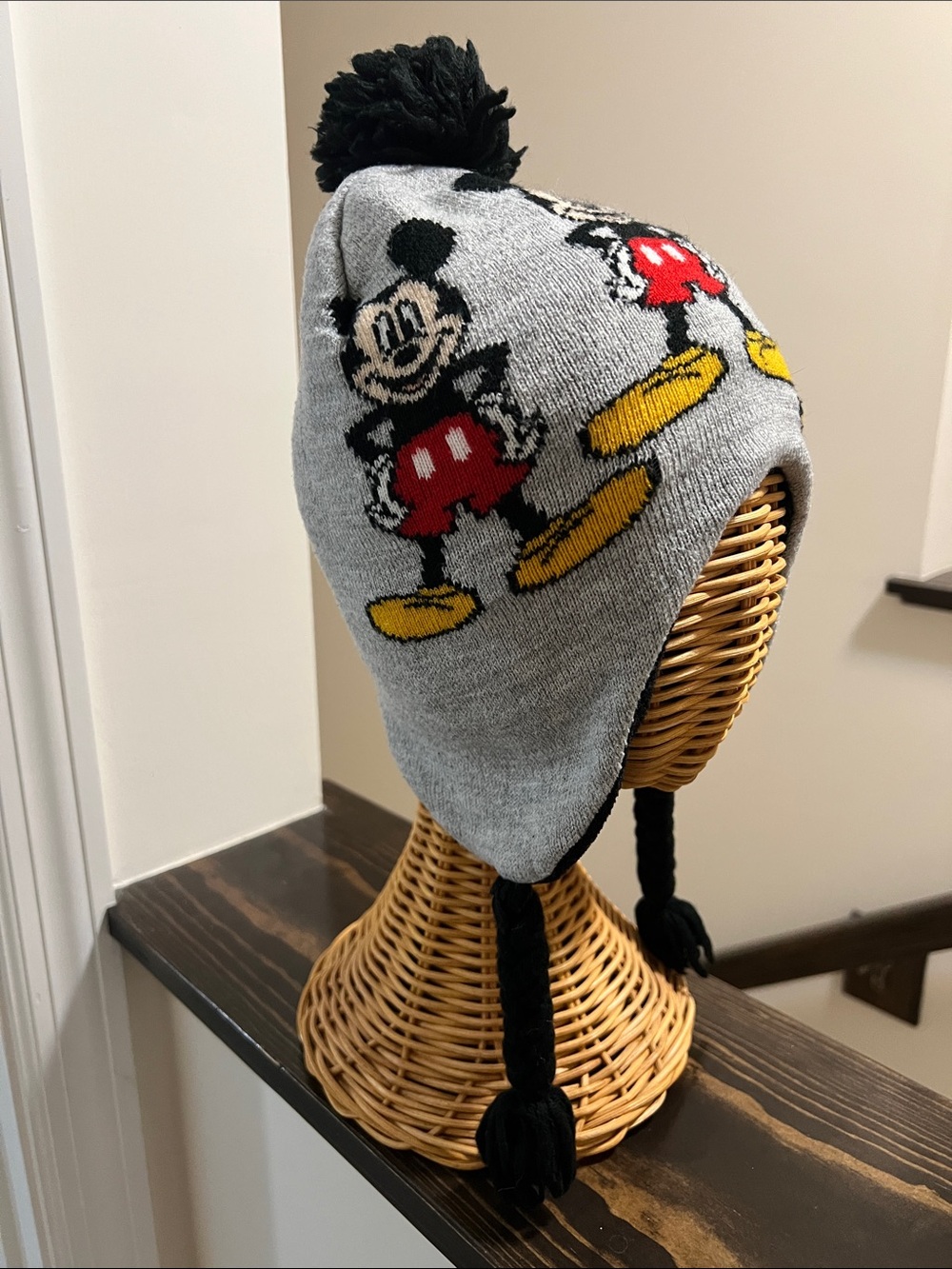 Kids Gray Mickey Mouse Pom-Pom Earflap Hat